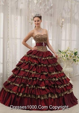 Princess Leopard Sweetheart Layers Burgundy Dresses Quinceanera