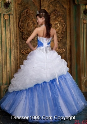 White and Baby Blue Halter Beading Quinceanera Dress with Pick-ups and Beading