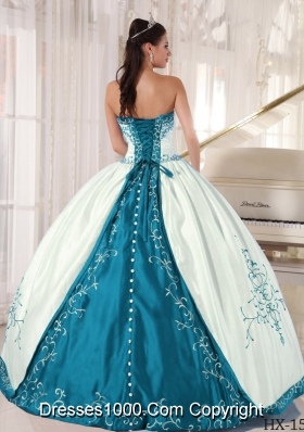 White and Blue Ball Gown Strapless Embroidery 2014 Quinceanera Dress