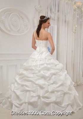 White Ball Gown One Shoulder Taffeta Beading and Hand Flowers Dresses For a Quinceanera with Pick-ups