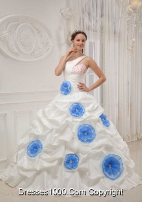 White Ball Gown One Shoulder Taffeta Beading and Hand Flowers Dresses For a Quinceanera with Pick-ups