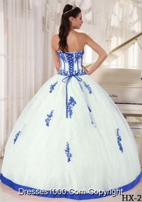 White Ball Gown Strapless Floor-length Blue Appliques Quinceanera Dress