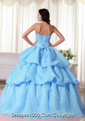 2014 Baby Blue Ball Gown Appliques Quinceanera Dress with Hand Made Flowers