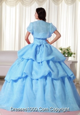 2014 Baby Blue Ball Gown Appliques Quinceanera Dress with Hand Made Flowers