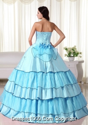 2014 Popular Baby Blue Ball Gown Strapless Beading Quinceanera Dress with Ruffled Layers