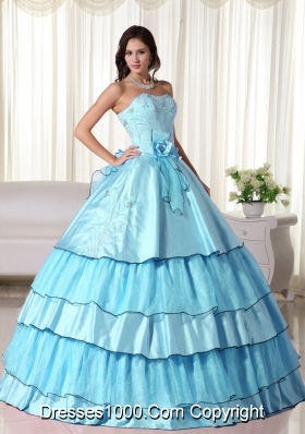 2014 Popular Baby Blue Ball Gown Strapless Beading Quinceanera Dress with Ruffled Layers
