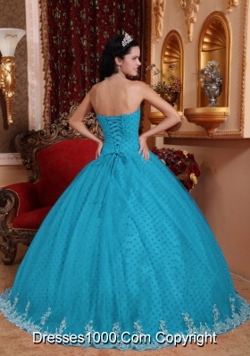 2014 Romantic Aqua Blue Ball Gown Strapless Lace Quinceanera Dress with Appliques