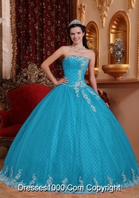 2014 Romantic Aqua Blue Ball Gown Strapless Lace Quinceanera Dress with Appliques