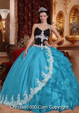 2014 Sweet Aqua Blue Ball Gown Lace V-neck Quinceanera Dress with Appliques