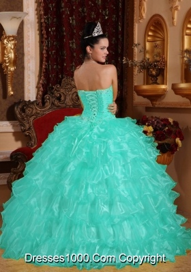 Apple Green Ball Gown Strapless Quinceanera Dress  with  Organza Beading