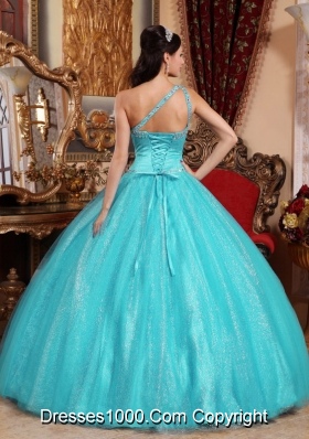 Aqua Blue  Ball Gown One Shoulder Quinceanera Dress Taffeta Beading