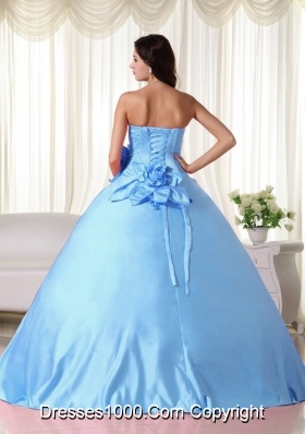 Aqua Blue Ball Gown Strapless Beading Quinceanera Dress with Hand Made Flower