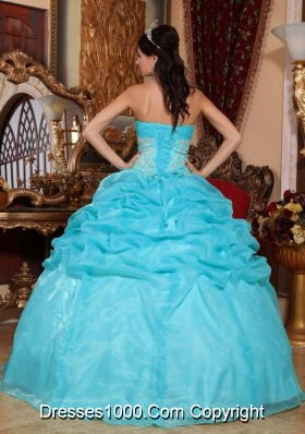 Aqua Blue Ball Gown Strapless Quinceanera Dress with  Organza Appliques