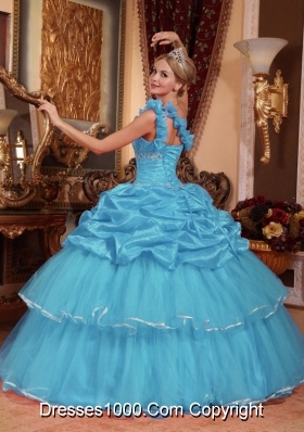 Aqua Blue Beading Ball Gown One Shoulder Quinceanera Dress with Beading and Pick-ups