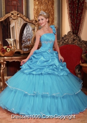 Aqua Blue Beading Ball Gown One Shoulder Quinceanera Dress with Beading and Pick-ups