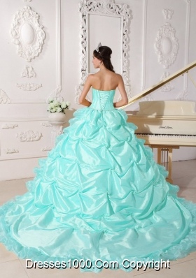 Baby Blue Ball Gown Strapless Chapel Train Quinceanera Dress with Taffeta Beading