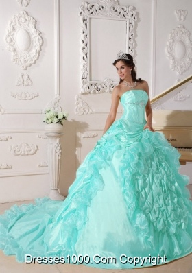 Baby Blue Ball Gown Strapless Chapel Train Quinceanera Dress with Taffeta Beading