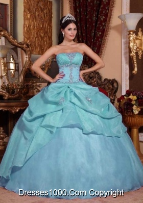 Light Blue Ball Gown Strapless Quinceanera Dress with  Organza Beading