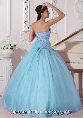 Sky Blue Ball Gown Strapless Quinceanera Dress with  Tulle Beading