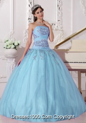 Sky Blue Ball Gown Strapless Quinceanera Dress with  Tulle Beading