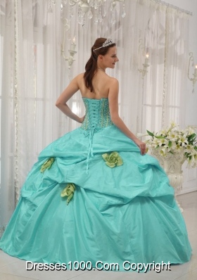 2014 Pretty Apple Green Ball Gown Strapless Beading Quinceanera Dress with Hand Made Flowers