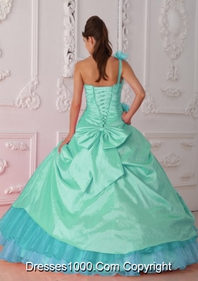 Apple Green Ball Gown One Shoulder Quinceanera Dress with Taffeta Beading Hand Flower