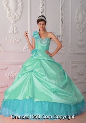 Apple Green Ball Gown One Shoulder Quinceanera Dress with Taffeta Beading Hand Flower