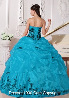 Aqua and Black Ball Gown Strapless Quinceanera Dress with  Organza Appliques