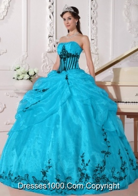 Aqua and Black Ball Gown Strapless Quinceanera Dress with  Organza Appliques