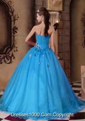 Aqua Blue A-line Sweetheart Floor-length Organza Beading Quinceanera Dress