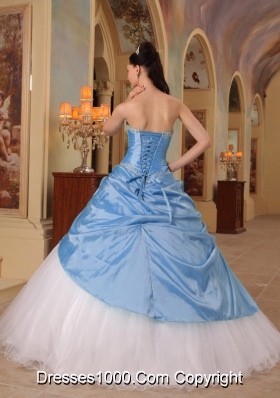 Aqua Blue and White Princess Sweetheart Quinceanera Dress  with Beading Tulle Taffeta