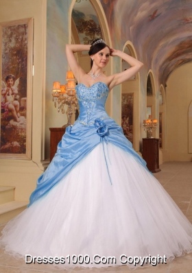 Aqua Blue and White Princess Sweetheart Quinceanera Dress  with Beading Tulle Taffeta