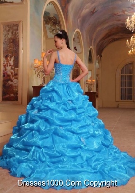 Aqua Blue Ball Gown Spaghetti Straps Quinceanera Dress with Organza Embroidery