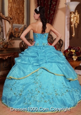 Aqua Blue Ball Gown Strapless Quinceanera Dress with  Organza Appliques