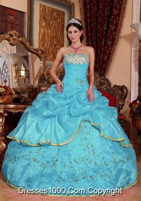Aqua Blue Ball Gown Strapless Quinceanera Dress with  Organza Appliques