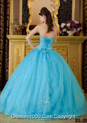 Aqua Blue Ball Gown Strapless Quinceanera Dress with Organza Beading