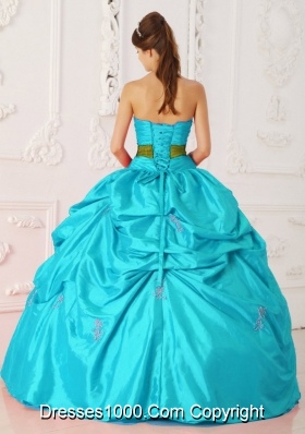 Aqua Blue Ball Gown Strapless Quinceanera Dress with  Taffeta Beading Sash