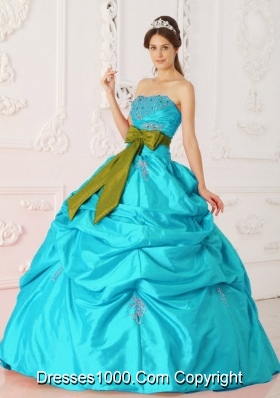 Aqua Blue Ball Gown Strapless Quinceanera Dress with  Taffeta Beading Sash