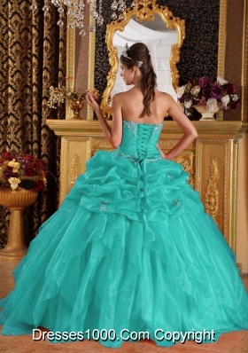 Aqua Blue Ball Gown Sweetheart  Organza Appliques Quinceanera Dress  with Beading