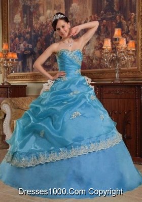 Aqua Blue Ball Gown Sweetheart Quinceanera Dress  with  Appliques Organza