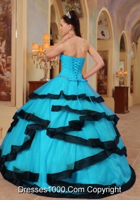 Baby Blue Ball Gown Strapless Quinceanera Dress with  Organza Appliques