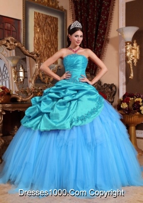 Blue Ball Gown Strapless Quinceanera Dress  Appliques with Beading
