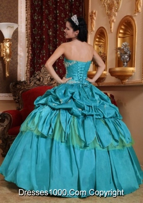 Teal Ball Gown Strapless Quinceanera Dress with  Taffeta Appliques