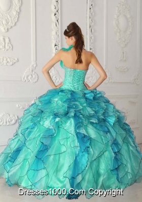 Turquoise Ball Gown Strapless Quinceanera Dress with Organza Beading