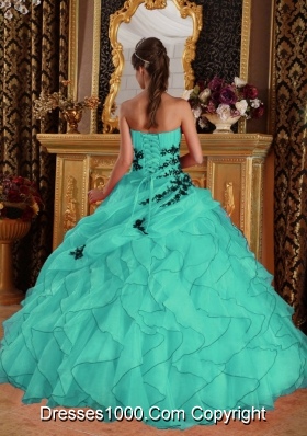 Turquoise Ball Gown Sweetheart Floor-length Quinceanera Dress  with Organza Appliques