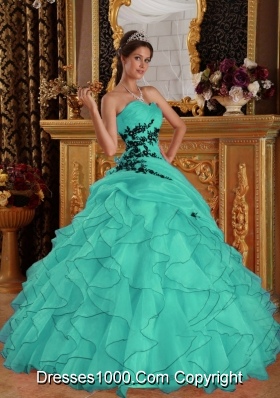 Turquoise Ball Gown Sweetheart Floor-length Quinceanera Dress  with Organza Appliques