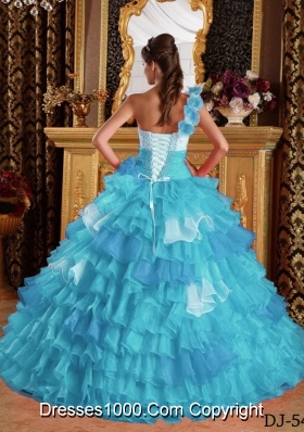 Aqua Blue Ball Gown One Shoulder Quinceanera Dress with  Organza Ruffles Beading