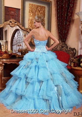 Aqua Blue Ball Gown Sweetheart Quinceanera Dress with  Organza Beading