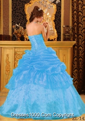 Aqua Blue Ball Gown Strapless Floor-length Organza Quinceanera Dress with Appliques