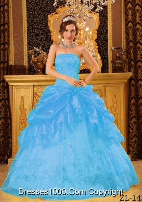 Aqua Blue Ball Gown Strapless Floor-length Organza Quinceanera Dress with Appliques